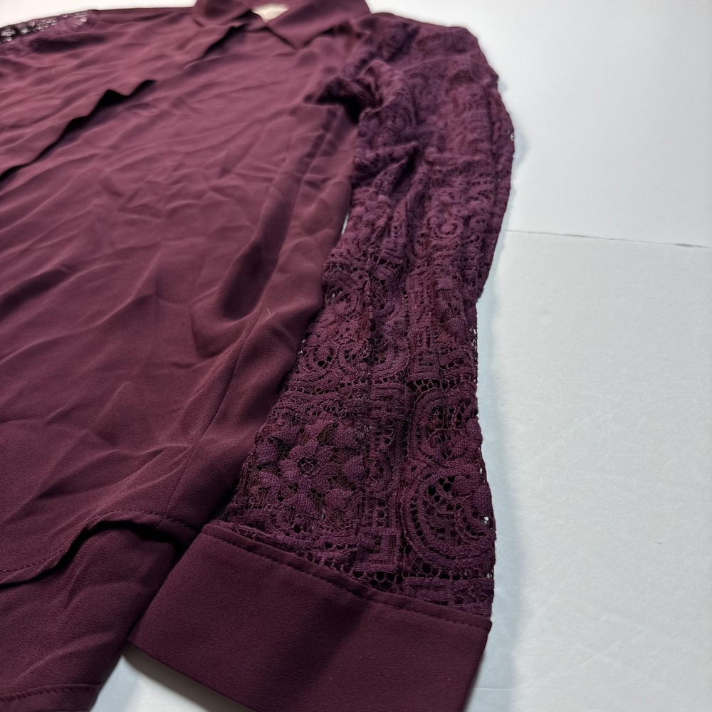 LOFT Blouse Womens Medium Burgundy Collared Button Front Sheer Lace Long Sleeve - Picture 2 of 8